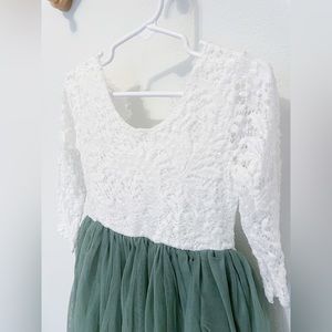Toddler Girl Sage and White Lace Long Sleeve Tulle Dress